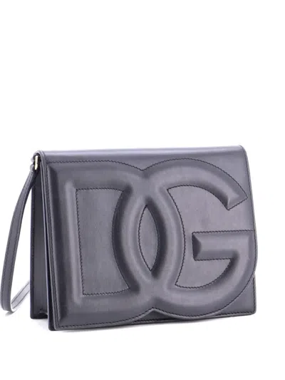 Pre-owned Dolce & Gabbana Dg Logo Flap Shoulder Bag Leather Small Crossbody Bag In Black