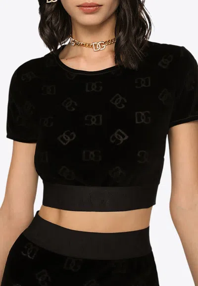 DOLCE & GABBANA DG LOGO FLOCKED JERSEY CROPPED TOP