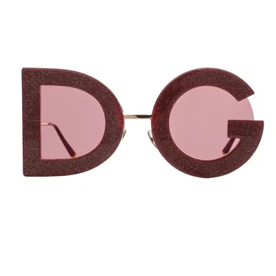 Pre-owned Dolce & Gabbana Dg Logo Glitter Oversize Sunglasses Red Gold Dg2207 12741 In Gray