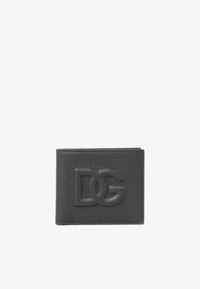 Dolce & Gabbana Dg Logo Grained Leather Bi-fold Wallet In Gray