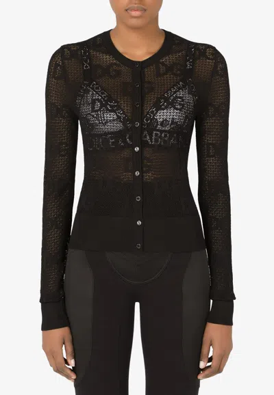 Dolce & Gabbana Dg Logo Jacquard Lace Cardigan In Black