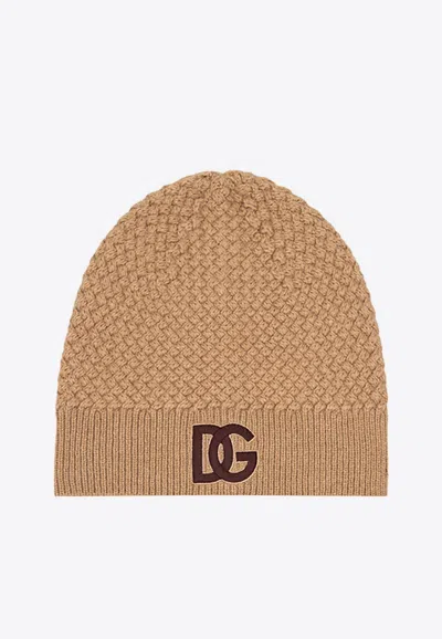 Dolce & Gabbana Dg Logo Knitted Wool Beanie In Brown