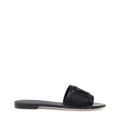 Dolce & Gabbana Calfskin Sliders With Dg Millennials Logo In Black