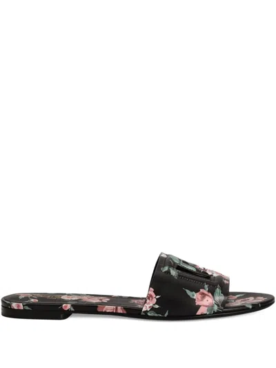 Dolce & Gabbana Dg Logo Leather Flat Sandals In Black