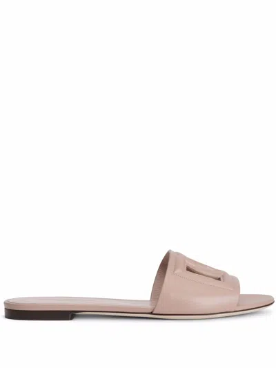 Dolce & Gabbana Dg Logo Leather Flat Sandals In Gold