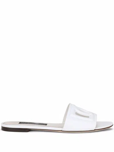 Dolce & Gabbana Dg Logo Leather Flat Sandals In White