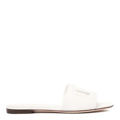 Dolce & Gabbana Dg Millennials Logo Leather Flat Slides In White