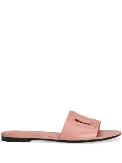 Dolce & Gabbana Dg Logo Leather Flat Slides In Pink