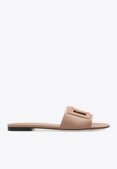 Dolce & Gabbana Dg Logo Leather Flat Slides In Beige