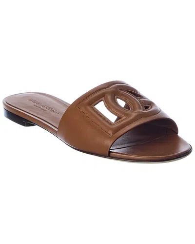 Dolce & Gabbana Slide Sandals With Cut Out Logo In Leather Woman In Brown