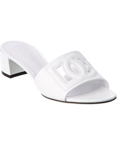 Dolce & Gabbana White Mules With Low Heel And Dg Cut-out In Smooth Leather Woman