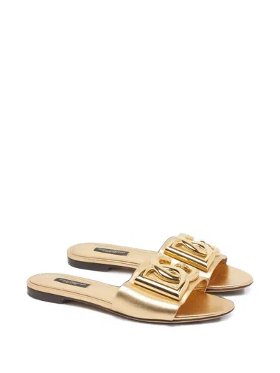Pre-owned Dolce & Gabbana Dg Logo Leather Sandals In Gold