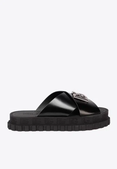 Dolce & Gabbana Dg Logo Leather Slides In Black