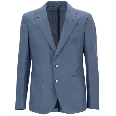 Pre-owned Dolce & Gabbana Dg Logo Linen Blazer Tuxedo Jacket Pocket Notch Lapel 13207 In Blue
