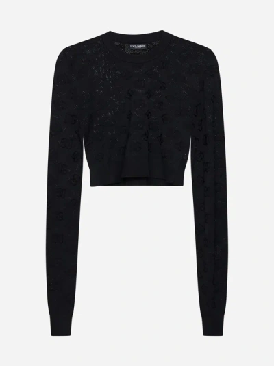 Dolce & Gabbana Cropped Mesh-stitch Viscose Sweater With All-over Jacquard Dg Logo In Black