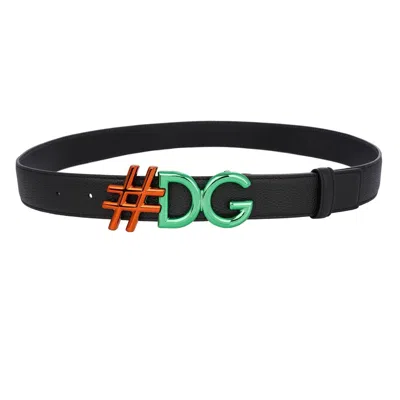 Pre-owned Dolce & Gabbana Dg Logo Metal Buckle Leather Belt Black Green 95 38 13752