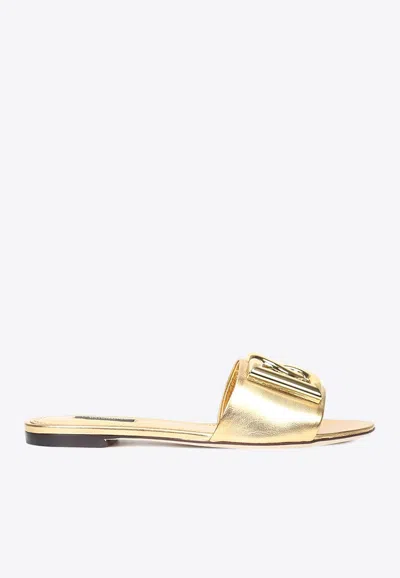 Dolce & Gabbana Dg Logo Metallic Leather Flat Sandals In Gold