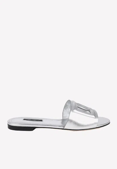 Dolce & Gabbana Dg Logo Metallic Leather Slides In Silver