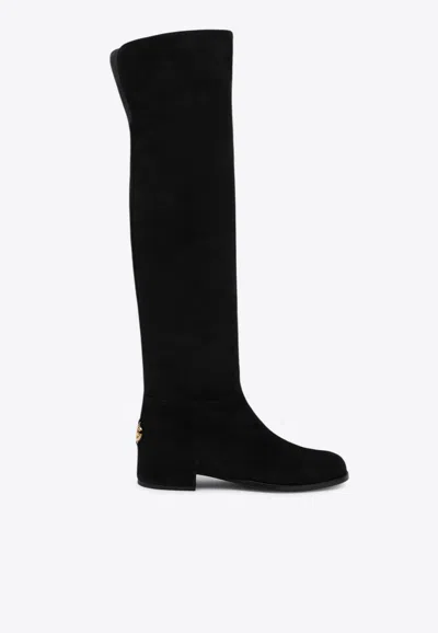 DOLCE & GABBANA DG LOGO OVER-THE-KNEE SUEDE BOOTS
