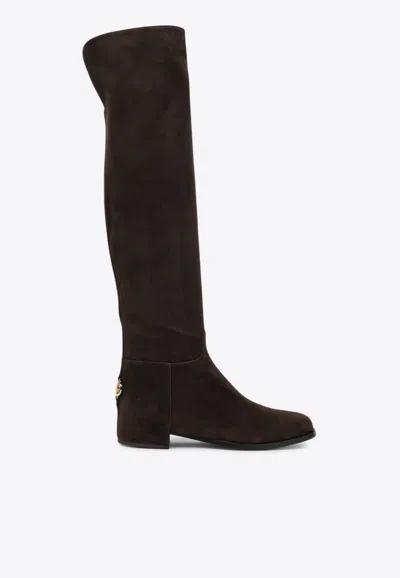 DOLCE & GABBANA DG LOGO OVER-THE-KNEE SUEDE BOOTS