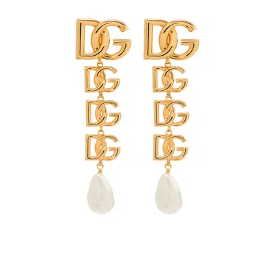 Dolce & Gabbana Dg Logo Pearl-embellished Earrings In Gold