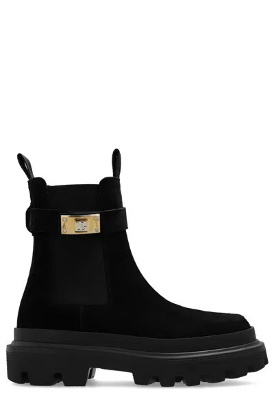 Dolce & Gabbana Calfskin Ankle Boots With Branded Strap In Schwarz
