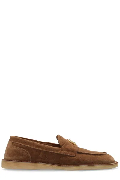 Dolce & Gabbana Dg Logo Suede And Shearling Loafers In Brown