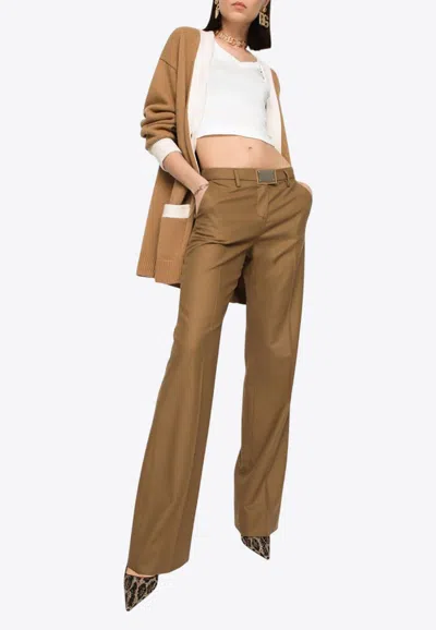 Dolce & Gabbana Dg Logo Plaque Straight-leg Pants In Camel