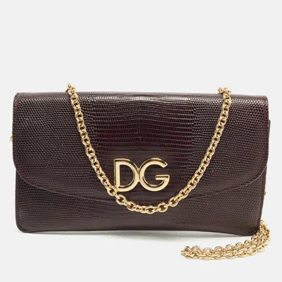 Pre-owned Dolce & Gabbana Dg Logo Plum Lizard Embossed Leather Wallet On Chain In Purple