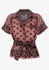 Dolce & Gabbana Pink Shirt With All-over Printed Dg Logo And Waist Belt In Silk Woman In Pink