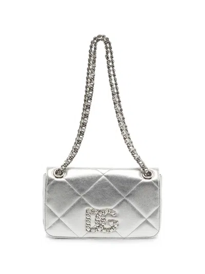Pre-owned Dolce & Gabbana Dg Logo Quilted Shoulder Bag In Silver