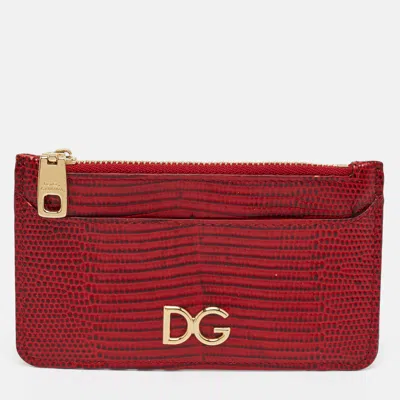 Pre-owned Dolce & Gabbana Dg Logo Red Lizard Embossed Leather Zip Card Case