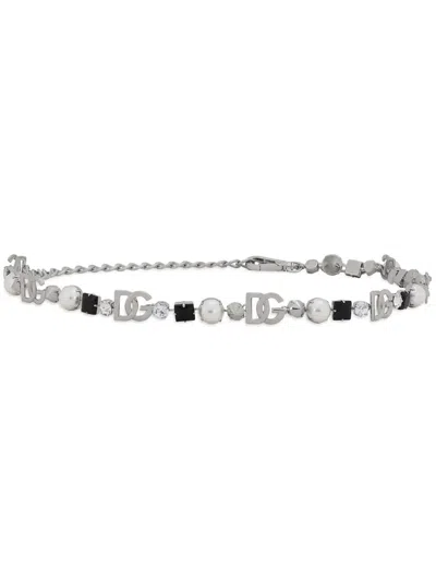 Dolce & Gabbana Rhinestone And Dg Logo Belt In Silver