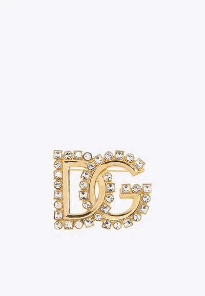 Dolce & Gabbana Dg Logo Rhinestone Embellished Brooch In Gold