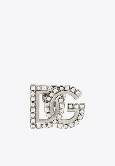 Dolce & Gabbana Dg Logo Rhinestone Embellished Brooch In Silver