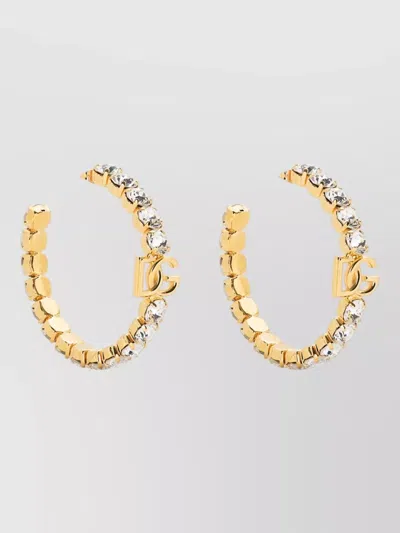 Dolce & Gabbana Rhinestone Logo Plaque Large Hoop Earrings With Push-lock Closure In Gold
