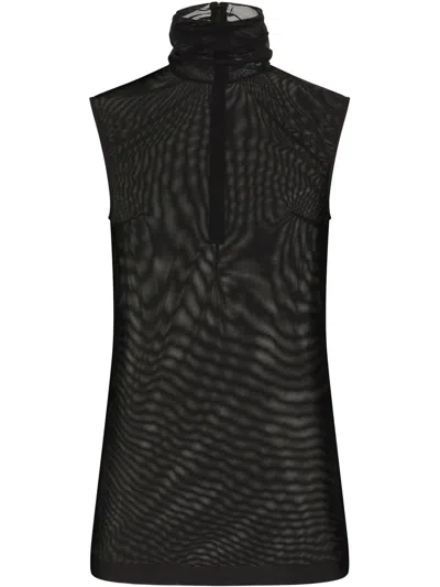 Dolce & Gabbana Sheer Sleeveless High Neck Fitted Top In Black