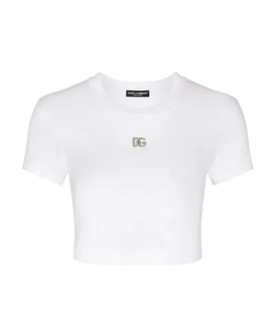 Dolce & Gabbana Logo-plaque Cotton Cropped T-shirt In Optical White