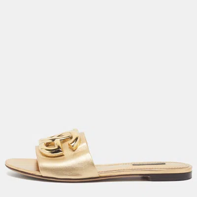 Pre-owned Dolce & Gabbana Dg Logo Size 37 Gold Leather Flat Slide