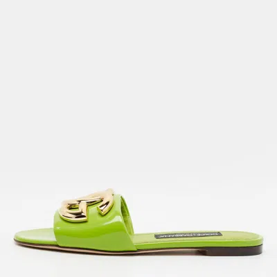 Pre-owned Dolce & Gabbana Dg Logo Size 38 Green Patent Leather Slide Flats
