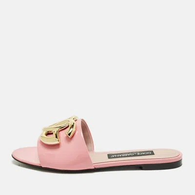 Pre-owned Dolce & Gabbana Dg Logo Size 38 Pink Patent Leather Flat Slides