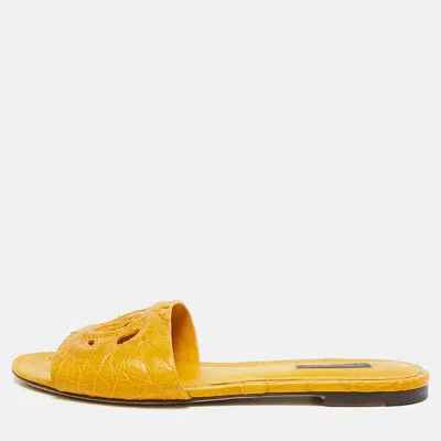Pre-owned Dolce & Gabbana Dg Logo Size 38.5 Yellow Croc Embossed Leather Flat Slides