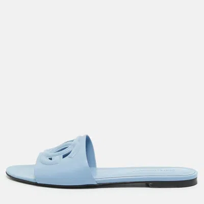 Pre-owned Dolce & Gabbana Dg Logo Size 39 Blue Leather Flat Slides