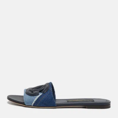 Pre-owned Dolce & Gabbana Dg Logo Size 39 Two Tone Denim And Leather Flat Slide In Blue