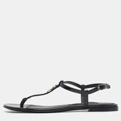 Pre-owned Dolce & Gabbana Dg Logo Size 39.5 Black Patent Leather Thong Flats