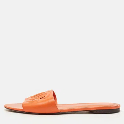 Pre-owned Dolce & Gabbana Dg Logo Size 41 Orange Leather Flat Slides