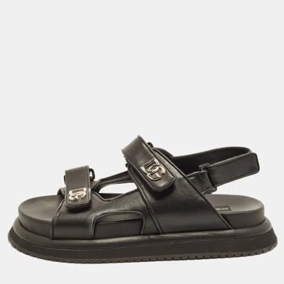 Pre-owned Dolce & Gabbana Dg Logo Size 43 Black Leather Slingback Flat Sandals