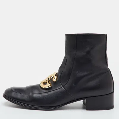 Pre-owned Dolce & Gabbana Dg Logo Size 44 Black Leather Ankle Length Boots