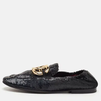 Pre-owned Dolce & Gabbana Dg Logo Size 44 Black Sequins Ariosto Paillettes Loafers