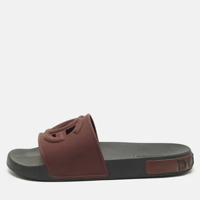 Pre-owned Dolce & Gabbana Dg Logo Size 44 Burgundy Rubber Flat Slides